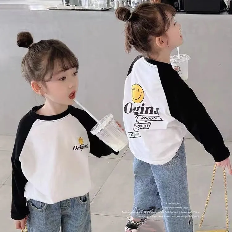 【80-150cm】配色 プリント 長袖 切り替えTシャツ女の子 トップス