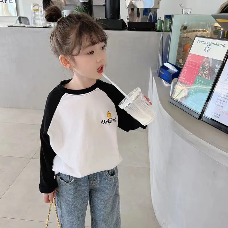 【80-150cm】配色 プリント 長袖 切り替えTシャツ女の子 トップス