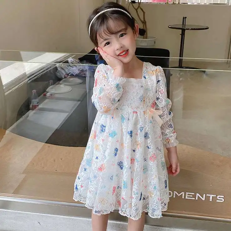 【90-150】今季大注目 スウィート おしゃれ フェミニン 長袖 レース 女の子 ワンピース