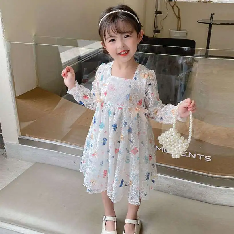 【90-150】今季大注目 スウィート おしゃれ フェミニン 長袖 レース 女の子 ワンピース