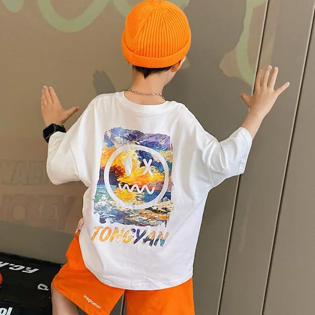 【110-160】夏 男の子 子供服 おしゃれ プリント 半袖 Tシャツ+ショートパンツ セットアップ