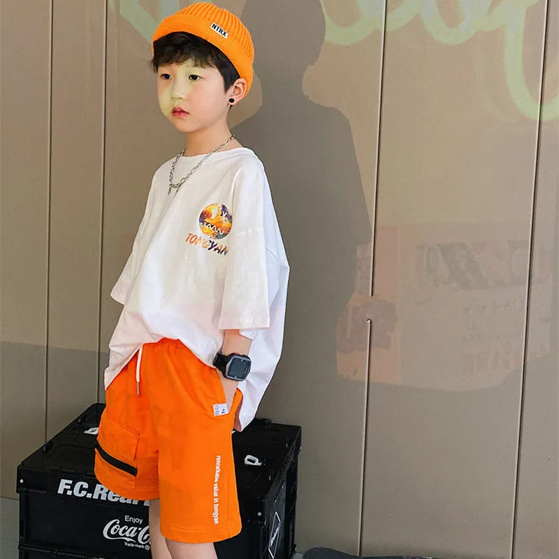 【110-160】夏 男の子 子供服 おしゃれ プリント 半袖 Tシャツ+ショートパンツ セットアップ