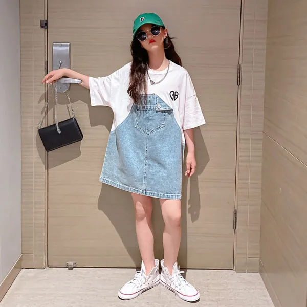 【120-170cm】一枚で視線を奪う 韓国系 ファッション 配色 切り替え キッズ 夏 女の子 ワンピース