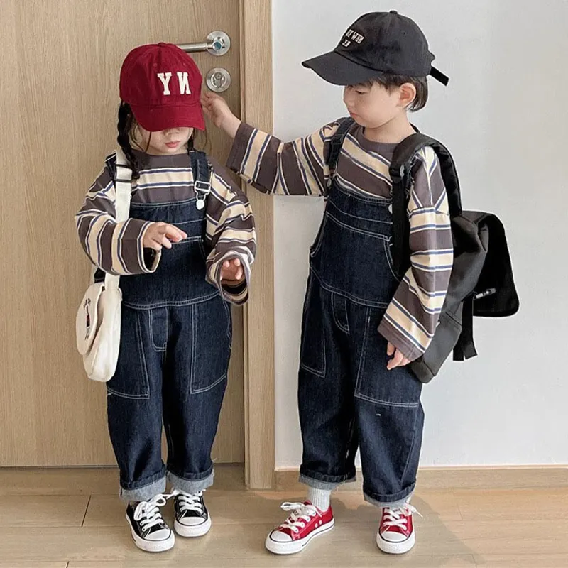 【90-140cm】単品注文 ゆったり デニム オーバーオール 春秋 ボーダー トップス 韓国 男の子 女の子