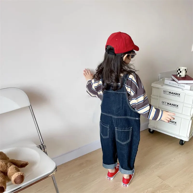 【90-140cm】単品注文 ゆったり デニム オーバーオール 春秋 ボーダー トップス 韓国 男の子 女の子