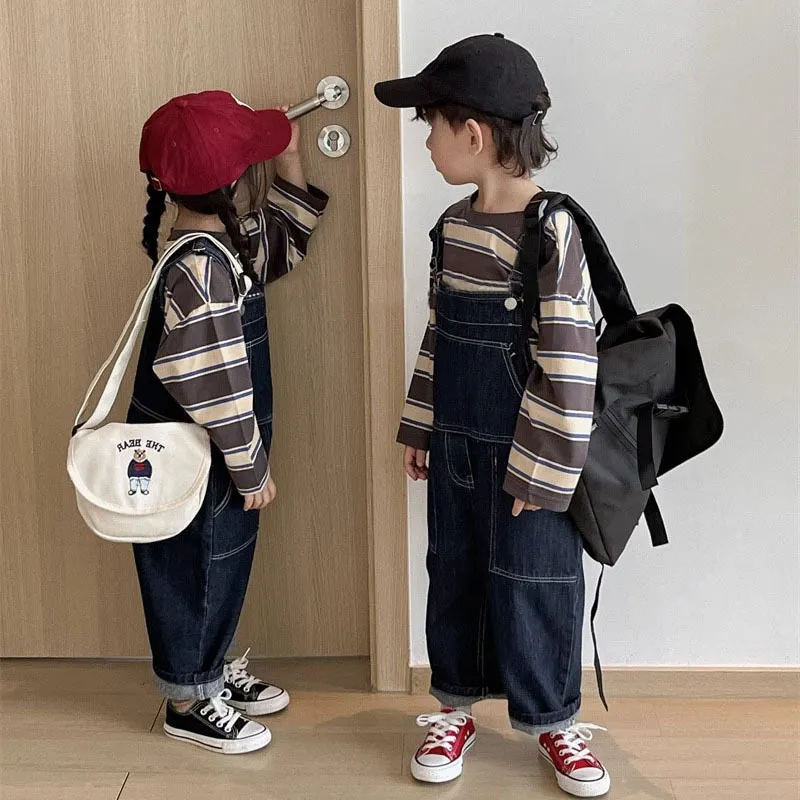 【90-140cm】単品注文 ゆったり デニム オーバーオール 春秋 ボーダー トップス 韓国 男の子 女の子