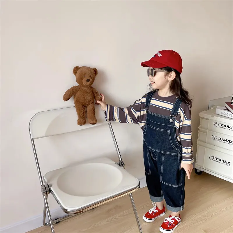 【90-140cm】単品注文 ゆったり デニム オーバーオール 春秋 ボーダー トップス 韓国 男の子 女の子