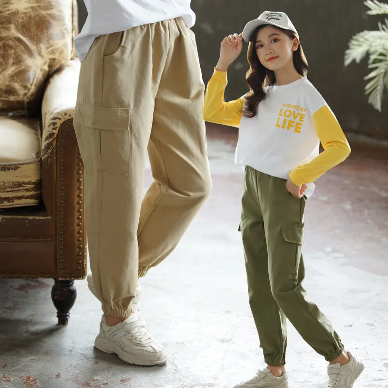 【120-170】全3色 カジュアル 無地 シンプル ゆったり 秋 子供服 キッズ 女の子 ジュニア ボトムス ロングパンツ