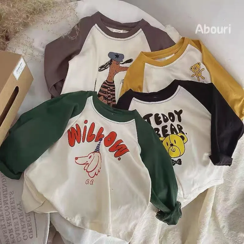 【80-140】全4色配色切り替えプリント長袖Tシャツ男の子女の子トップス