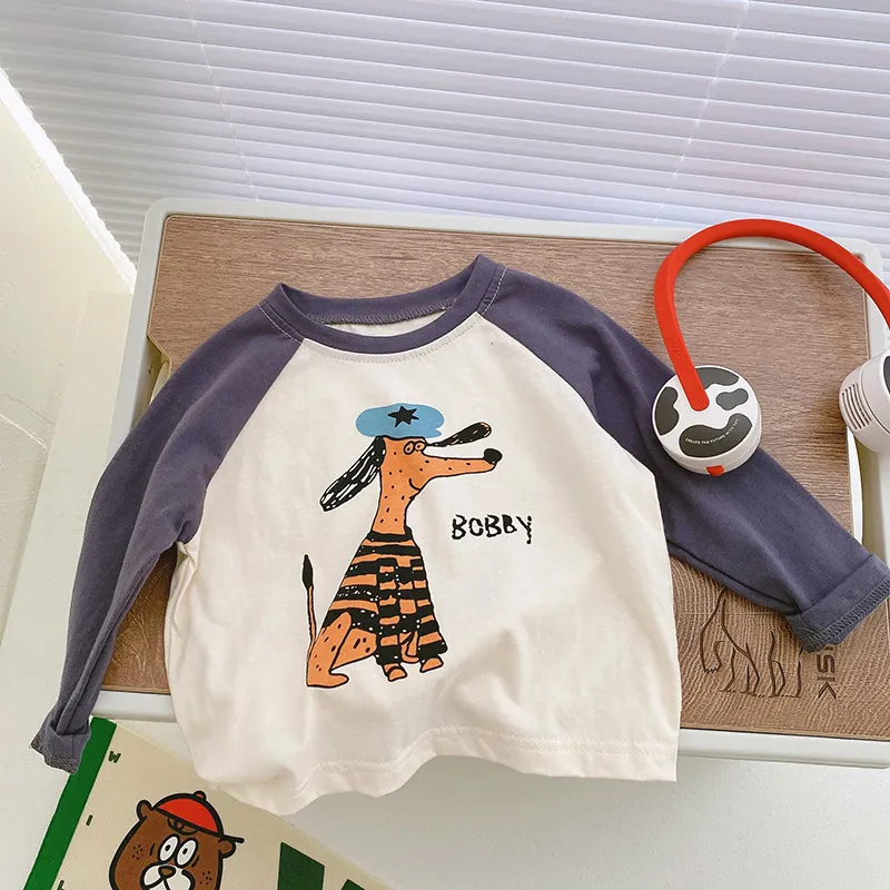 【80-140】全4色配色切り替えプリント長袖Tシャツ男の子女の子トップス