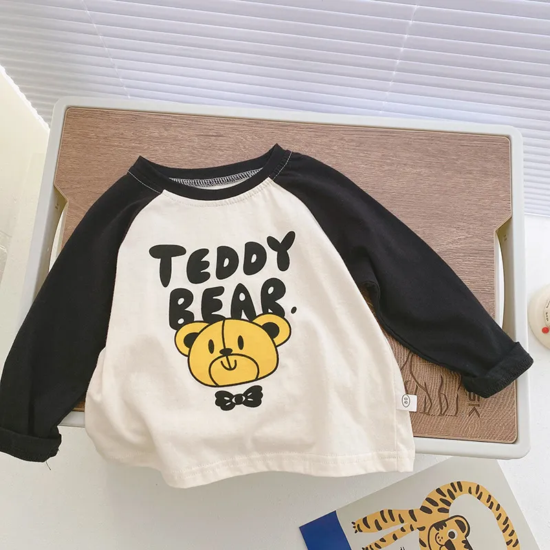 【80-140】全4色配色切り替えプリント長袖Tシャツ男の子女の子トップス