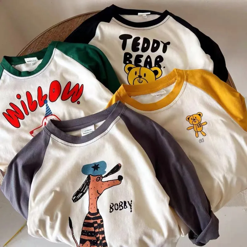 【80-140】全4色配色切り替えプリント長袖Tシャツ男の子女の子トップス
