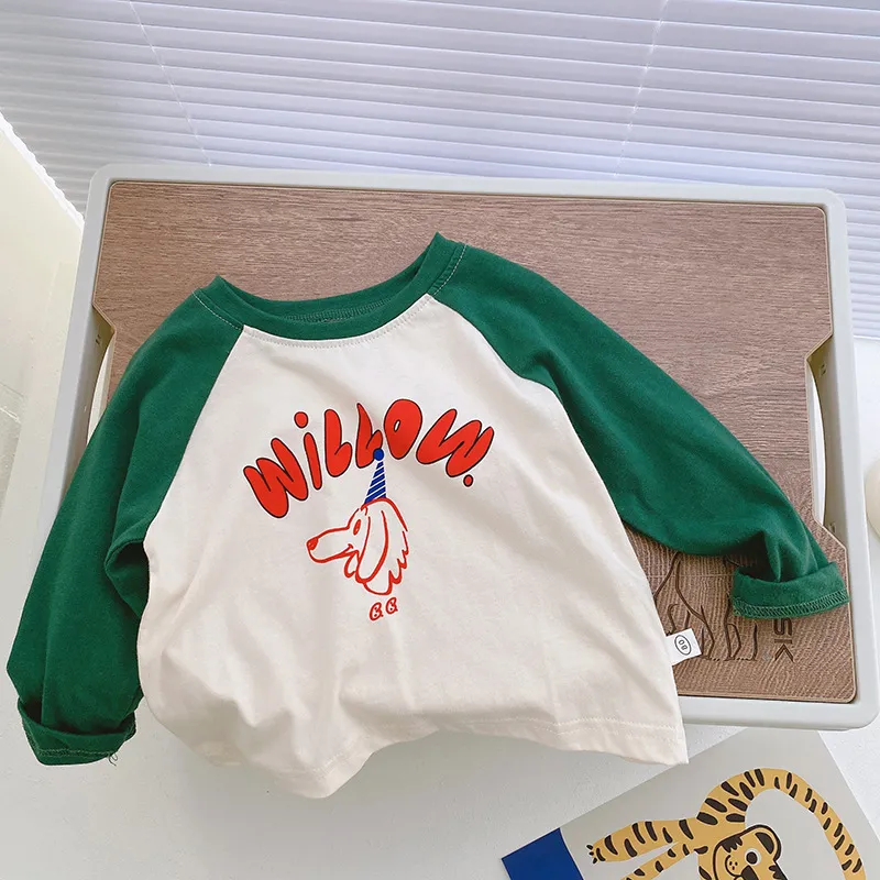 【80-140】全4色配色切り替えプリント長袖Tシャツ男の子女の子トップス