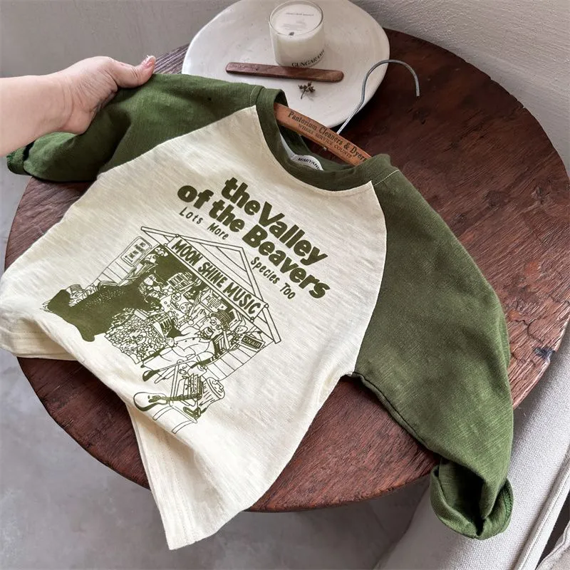 【90-140cm】2色選べる 子供用 長袖 Tシャツ プリント 韓国 秋服 カートゥーン 配色 トップス