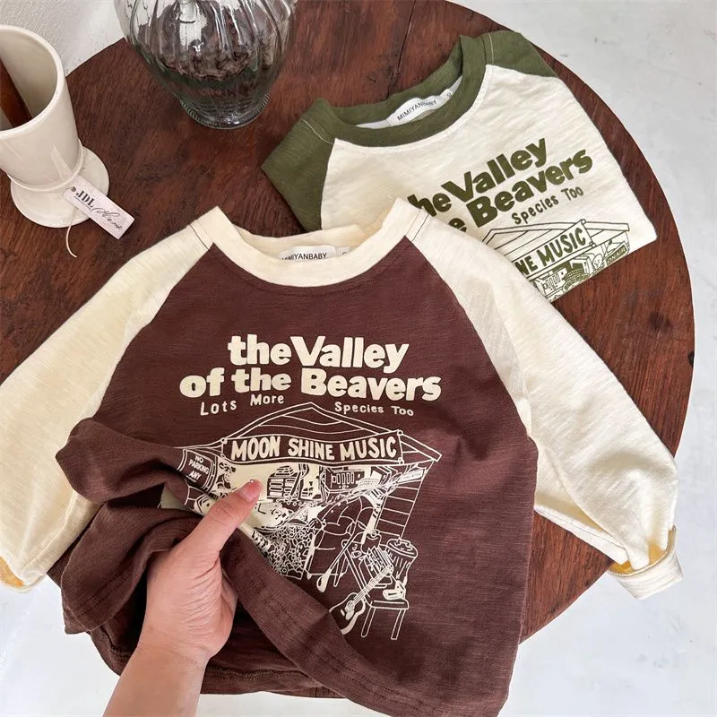 【90-140cm】2色選べる 子供用 長袖 Tシャツ プリント 韓国 秋服 カートゥーン 配色 トップス