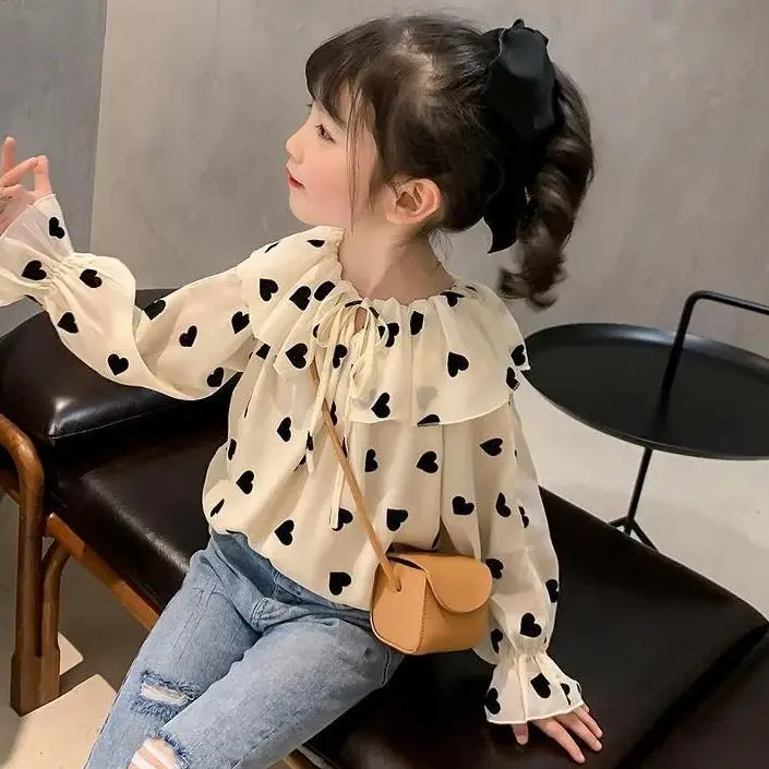 【100-160】気質アップハート柄フリルボウタイ長袖ブラウス女の子トップス
