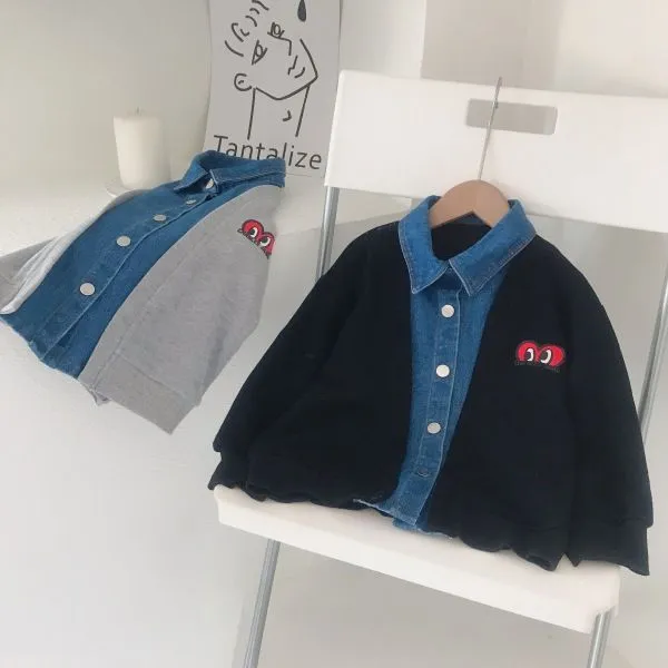 【100-150】二色選べ 韓国系 ファッショント レンド 切り替え 長袖デニム 男の子 カジュアル デニム アウター