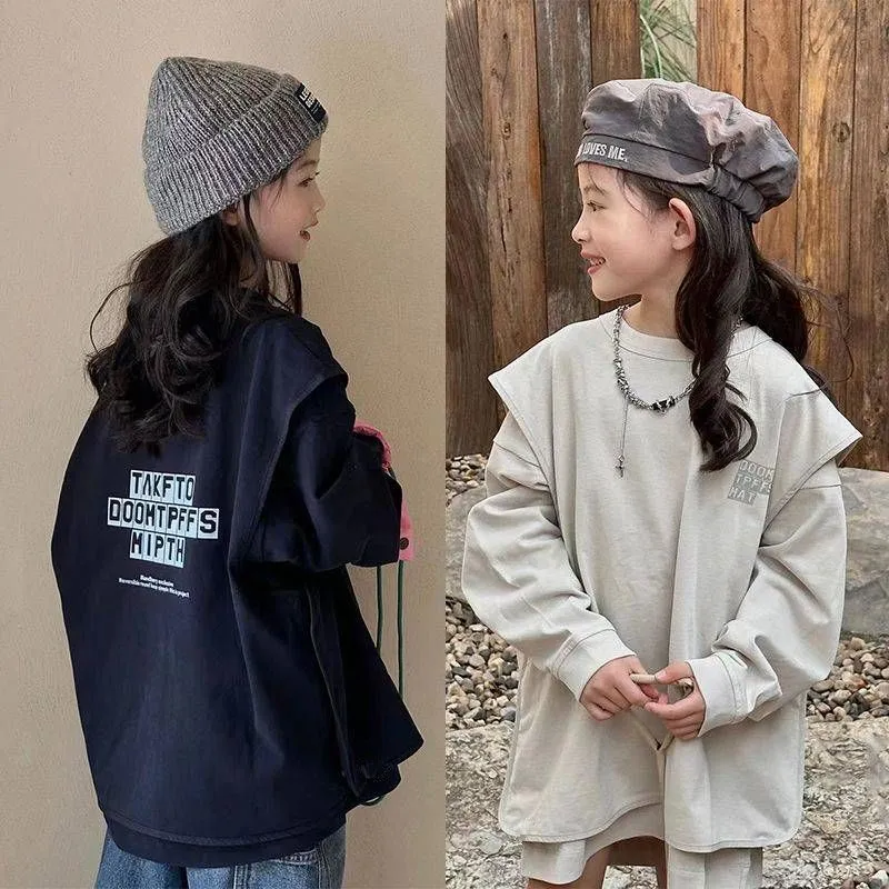 【120-170】レイヤード 重ね着風 切り替え アルファベット ゆったり 春秋 子供服 女の子 キッズ ジュニア トップス 長袖 Ｔシャツ