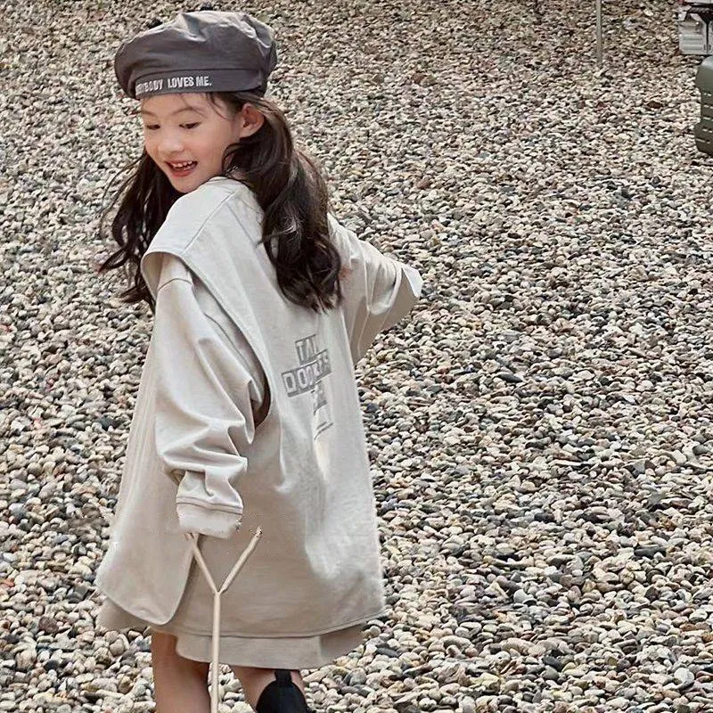 【120-170】レイヤード 重ね着風 切り替え アルファベット ゆったり 春秋 子供服 女の子 キッズ ジュニア トップス 長袖 Ｔシャツ