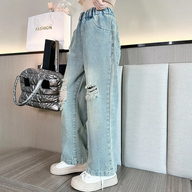 【120-170】好相性ハイウエストダメージ加工ボタン女の子デニムパンツ