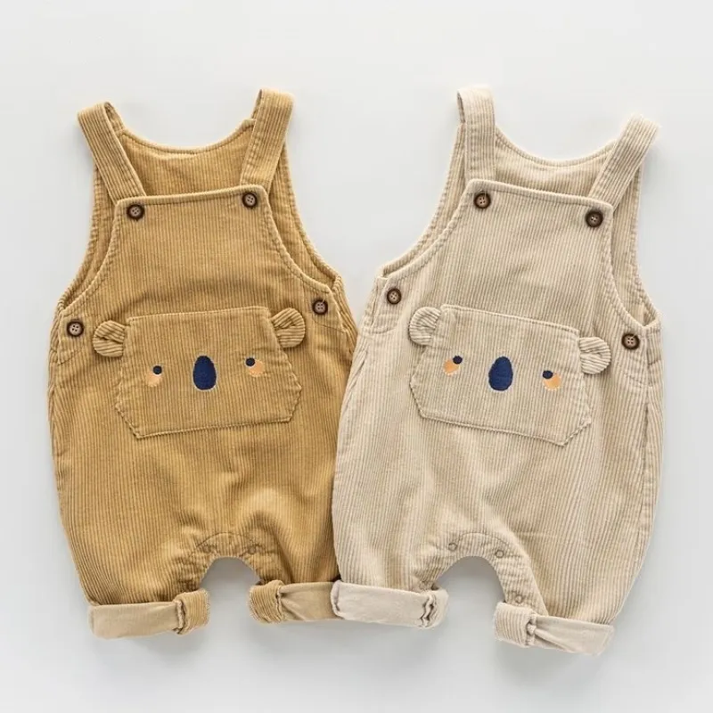 【73-100cm】2色選べ カジュアル プリント 動物柄 ストライプ 切り替え コーデュロイ サロペット ベビー服 ボトムス