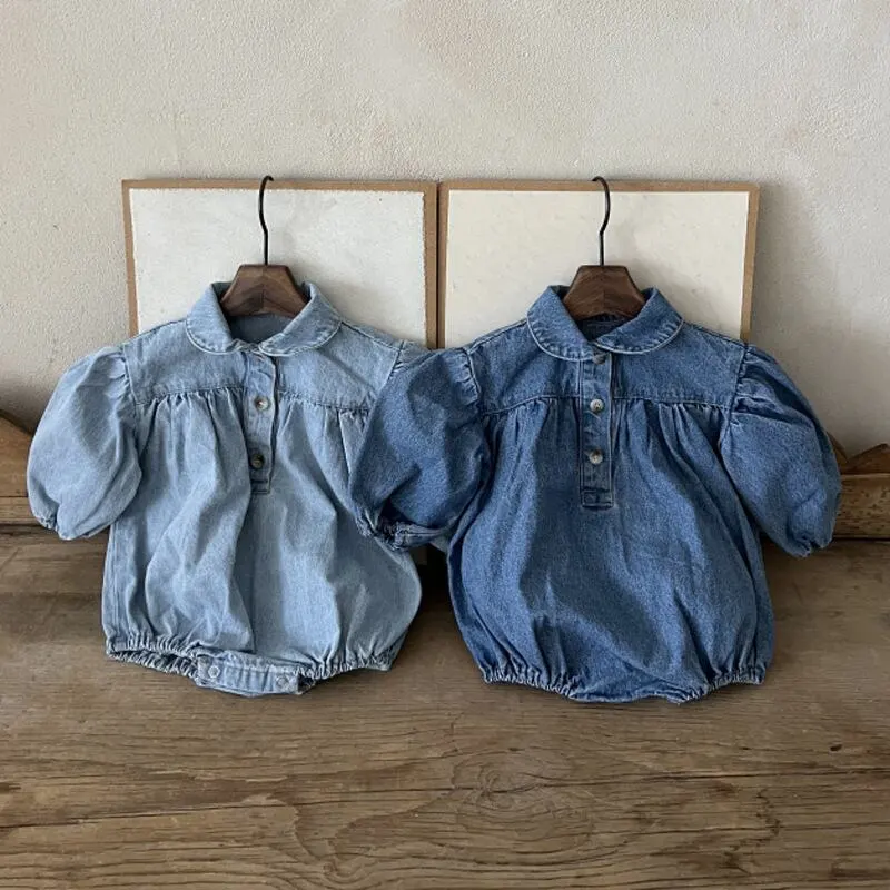 【65-90cm】春新作ヴァンテージパフスリーブデニムロンパース