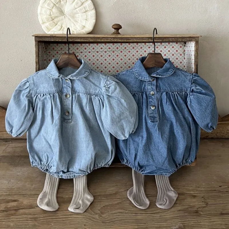 【65-90cm】春新作ヴァンテージパフスリーブデニムロンパース