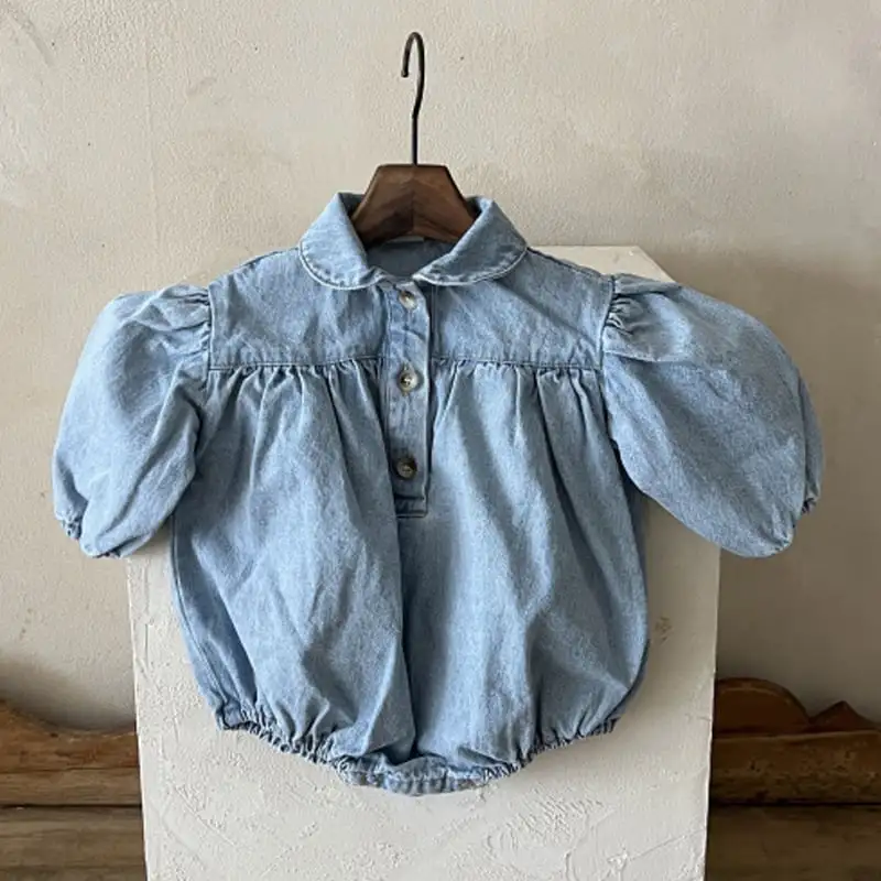 【65-90cm】春新作ヴァンテージパフスリーブデニムロンパース