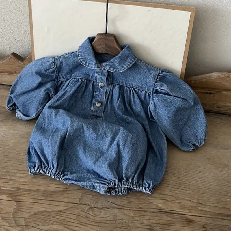 【65-90cm】春新作ヴァンテージパフスリーブデニムロンパース