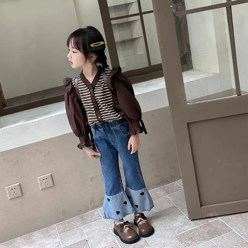 【90-150cm】二色選べ 韓国系 キュート 着回し力抜群 デニム 配色 女の子 ボトムス
