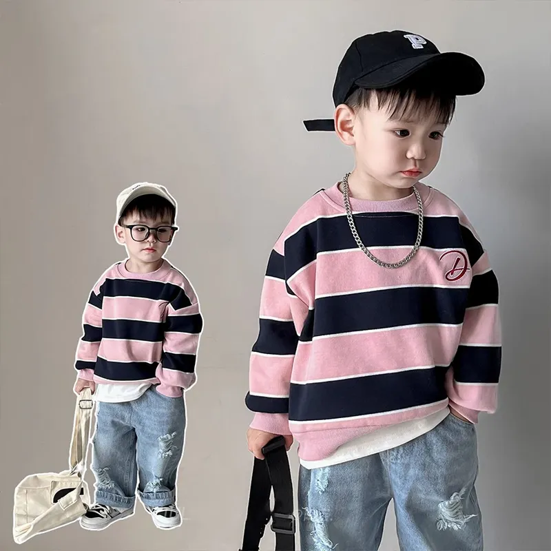 【80-140cm】 INS風 男の子 ボーダー Tシャツ 韓国 男の子 プルオーバー 春秋 トップス