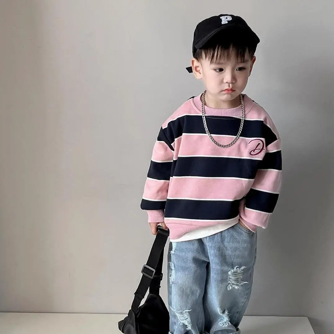 【80-140cm】 INS風 男の子 ボーダー Tシャツ 韓国 男の子 プルオーバー 春秋 トップス