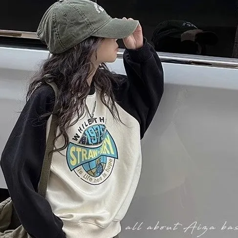 【110-170】韓国 配色 切り替え アルファベット 春秋 子供服 女の子 キッズ ジュニア トップス トレーナー スウェット
