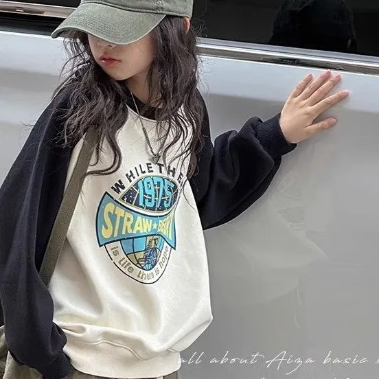 【110-170】韓国 配色 切り替え アルファベット 春秋 子供服 女の子 キッズ ジュニア トップス トレーナー スウェット