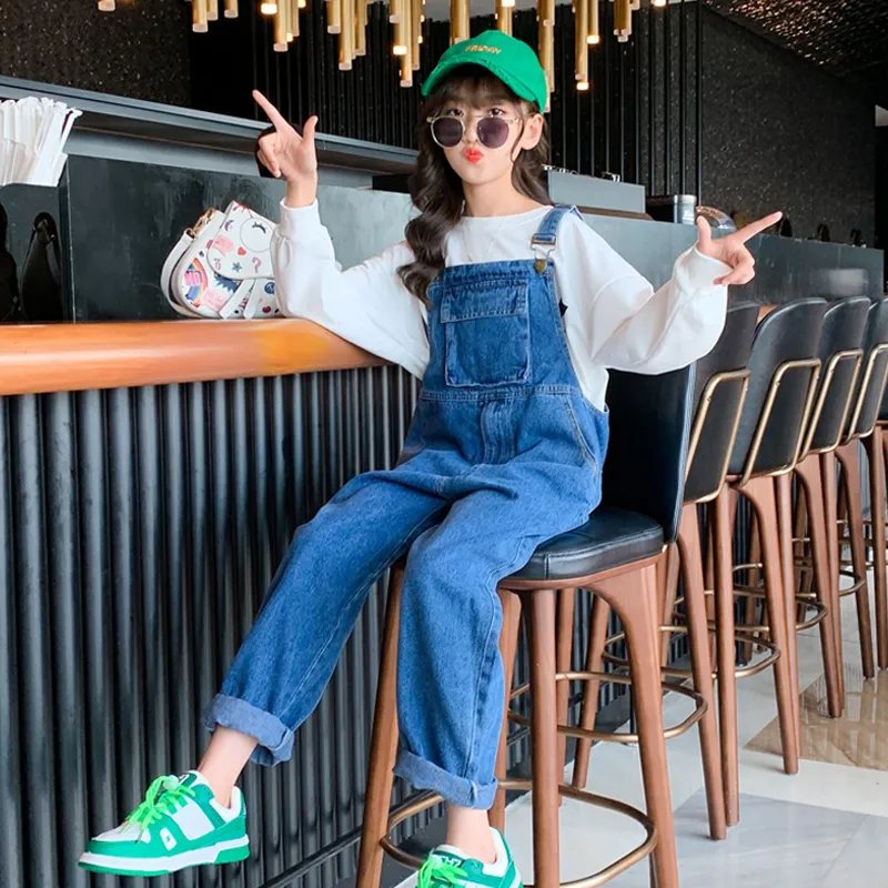 【110-170】カジュアル プリント アルファベット トレーナー デニム サロペット 110-170 春 春服 子供服 女の子 キッズ ジュニア