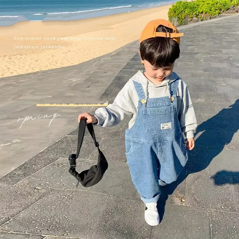 【80-130】無地デニムカジュアルサロペット男の子ボトムス