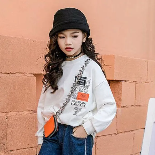 【110-160】着こなしやすいラウンドネックアルファベットプリントTシャツ女の子トトップス