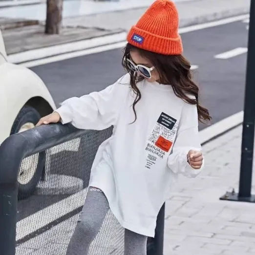 【110-160】着こなしやすいラウンドネックアルファベットプリントTシャツ女の子トトップス