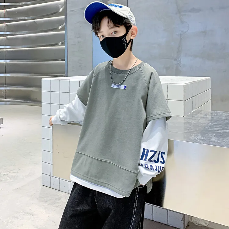 【120-170】全2色フェイクレイヤード切り替えアルファベットプリント男の子トップス