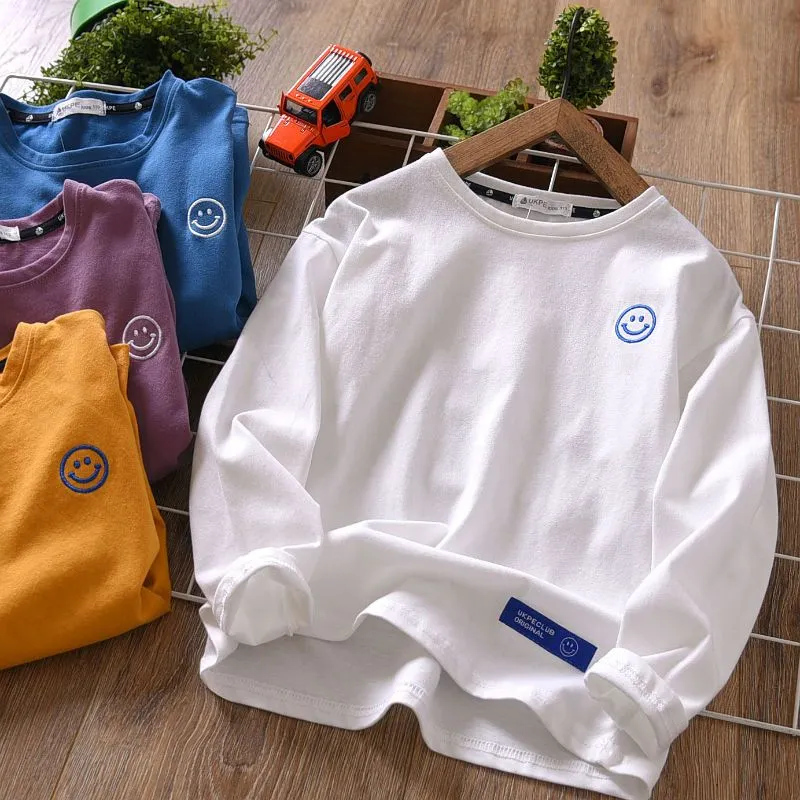 【110-160】全4色笑顔柄コットン長袖Tシャツ男の子トップス