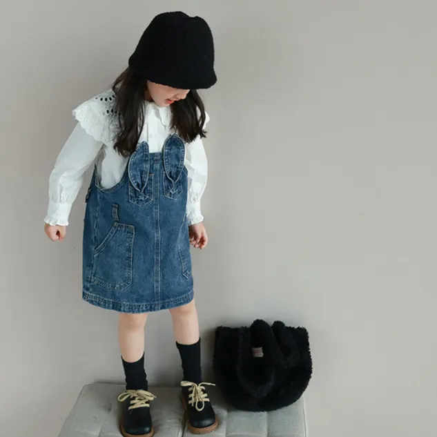 【90-140】2点セット 単品注文可 おしゃれ度UP 長袖 シャツ+デニムジャンパースカート 女の子 セットアップ