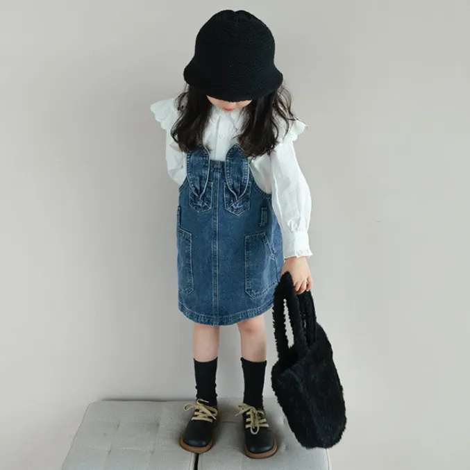 【90-140】2点セット 単品注文可 おしゃれ度UP 長袖 シャツ+デニムジャンパースカート 女の子 セットアップ