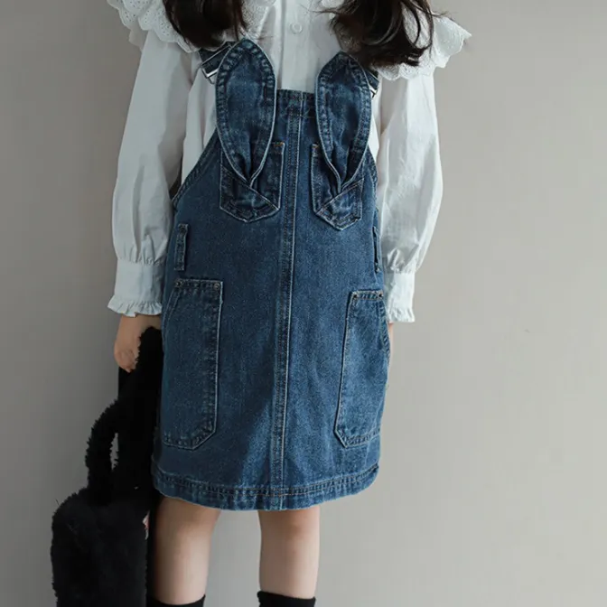 【90-140】2点セット 単品注文可 おしゃれ度UP 長袖 シャツ+デニムジャンパースカート 女の子 セットアップ