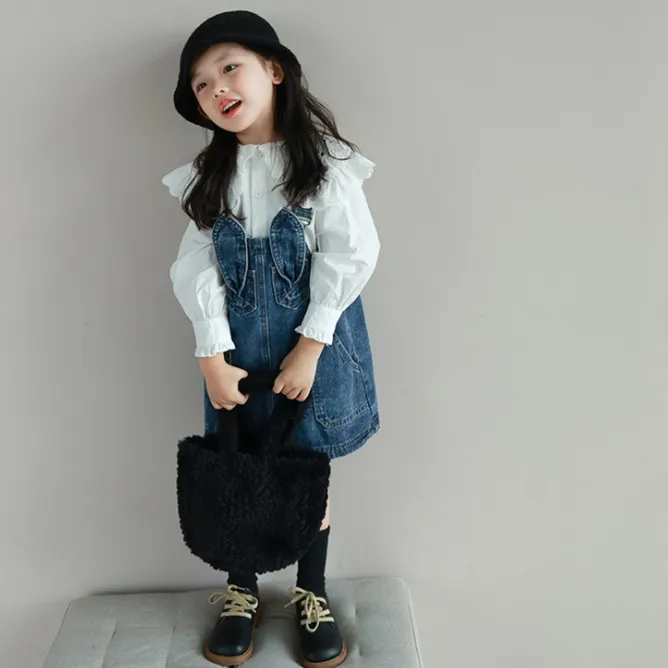 【90-140】2点セット 単品注文可 おしゃれ度UP 長袖 シャツ+デニムジャンパースカート 女の子 セットアップ