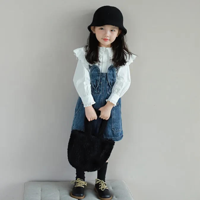 【90-140】2点セット 単品注文可 おしゃれ度UP 長袖 シャツ+デニムジャンパースカート 女の子 セットアップ