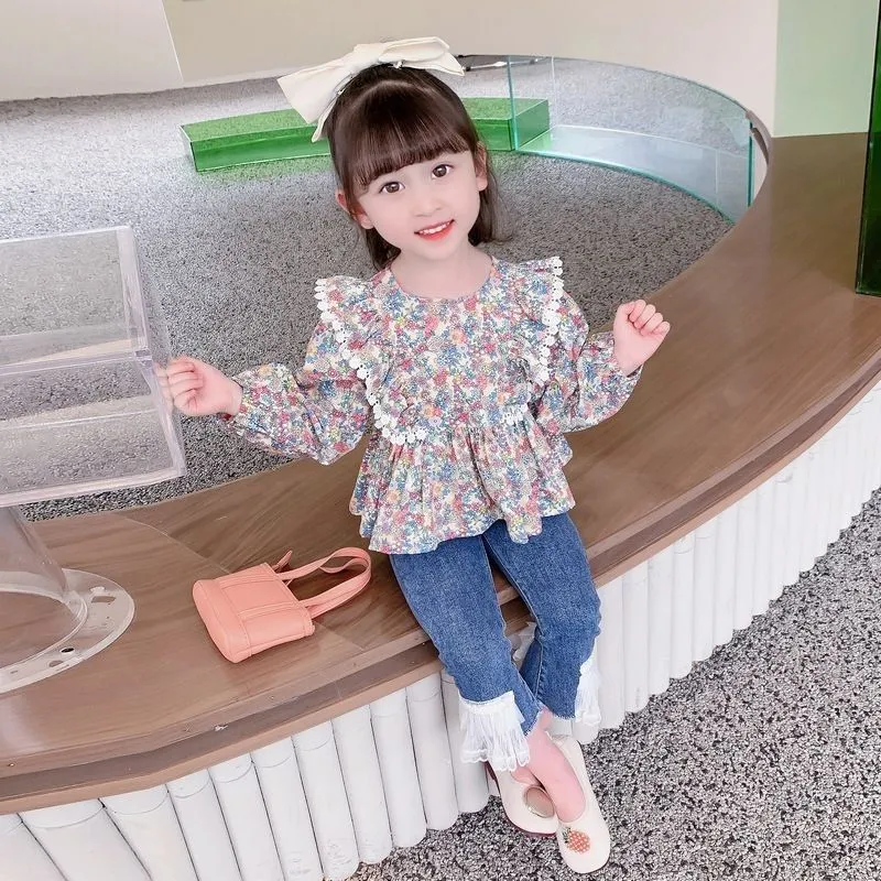 【80-130】2色選べる韓国で人気爆発総柄プリント清新女の子トップス