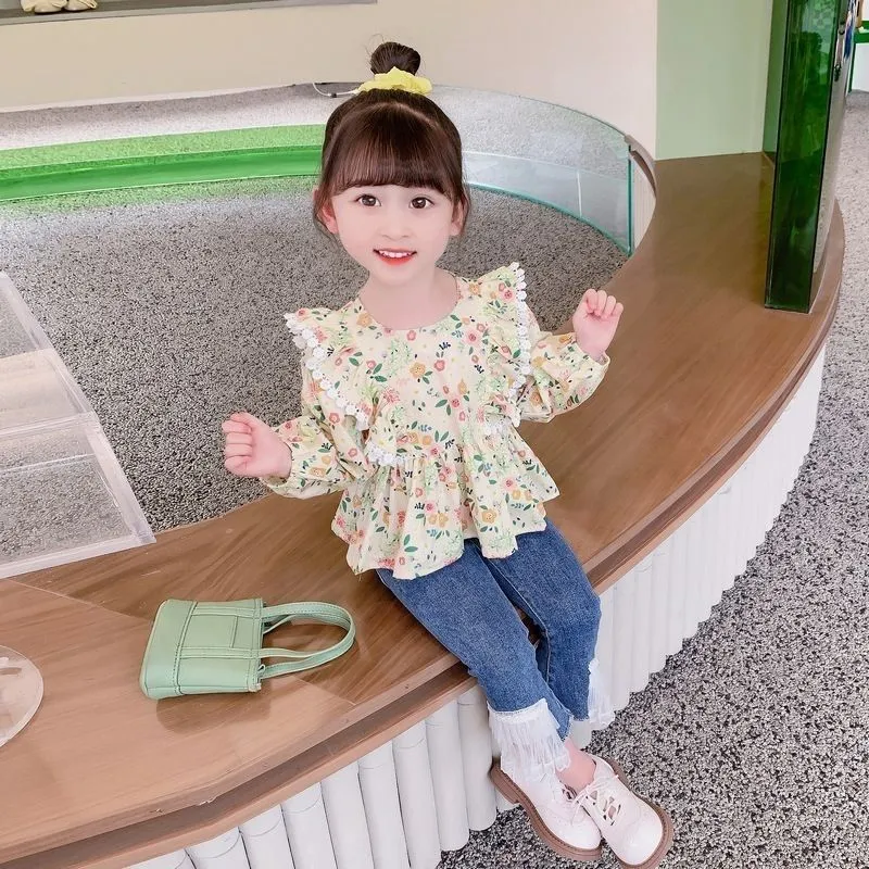 【80-130】2色選べる韓国で人気爆発総柄プリント清新女の子トップス