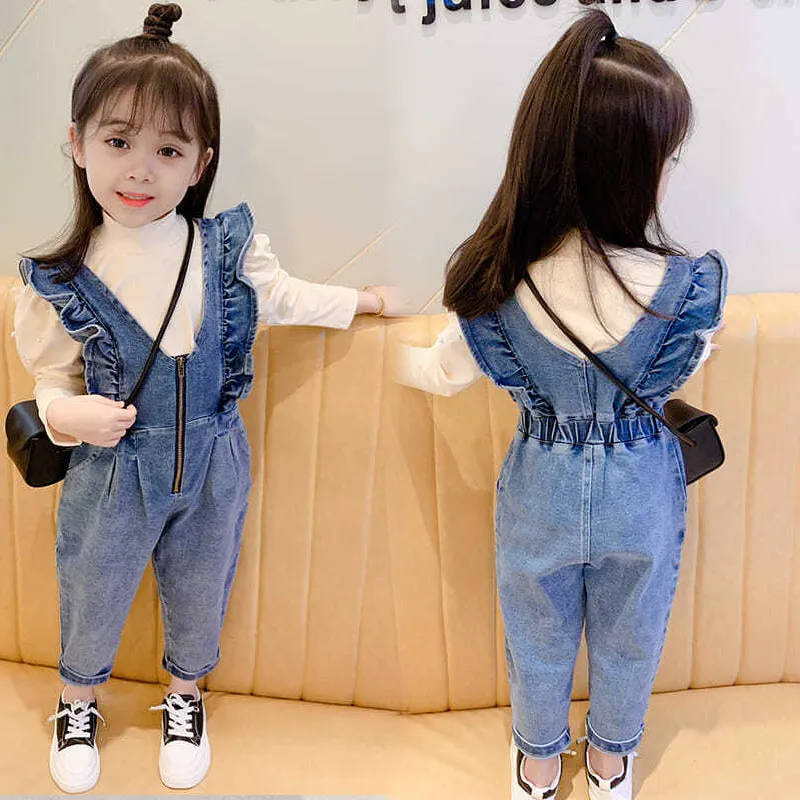 【80-130】伸縮性のある無地デニム韓国系ギャザー飾り切り替え女の子ボトムス