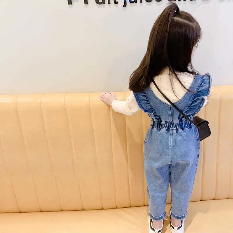 【80-130】伸縮性のある無地デニム韓国系ギャザー飾り切り替え女の子ボトムス