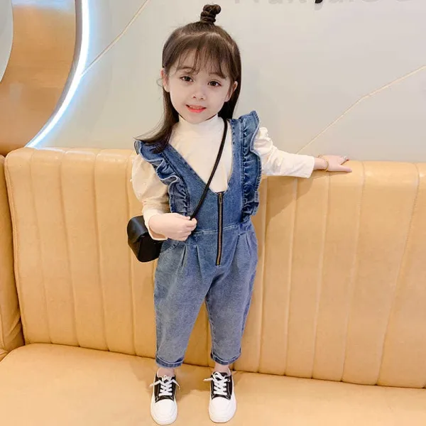 【80-130】伸縮性のある無地デニム韓国系ギャザー飾り切り替え女の子ボトムス